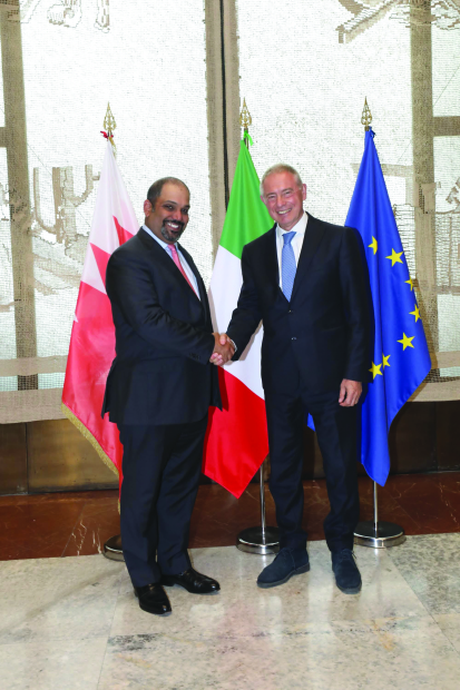 <p>Finance and National Economy Minister Shaikh Salman bin Khalifa Al Khalifa affirmed the continuous growth and progress of relations between Bahrain and Italy at all levels. </p><p>He pointed to the mutual keenness to strengthen the existing relations as he separately met in Rome Economy and Finance Minister Giancarlo Giorgetti, Enterprises and Made in Italy Minister Adolfo Urso, left, and Italian Investment Agency (Invitalia) chief executive Dr Bernardo Mattarella.</p>